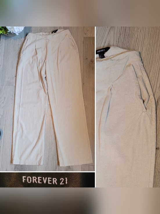 Forever 21 Pants - Forever 21 Cream Pleated Wide Leg High-Waist Linen Flax Blend Trouser, Women's S